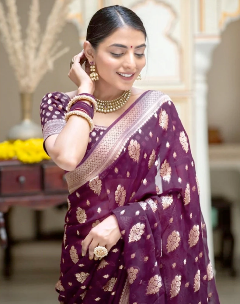 Generic Women's Soft Lichi Silk Printed Saree With Unstitched Blouse 5.5Mtr (Purple)